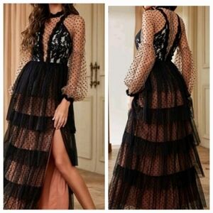 BLACK POLKA DOT SHEER, LACE, SPECIAL EVENT MAXI